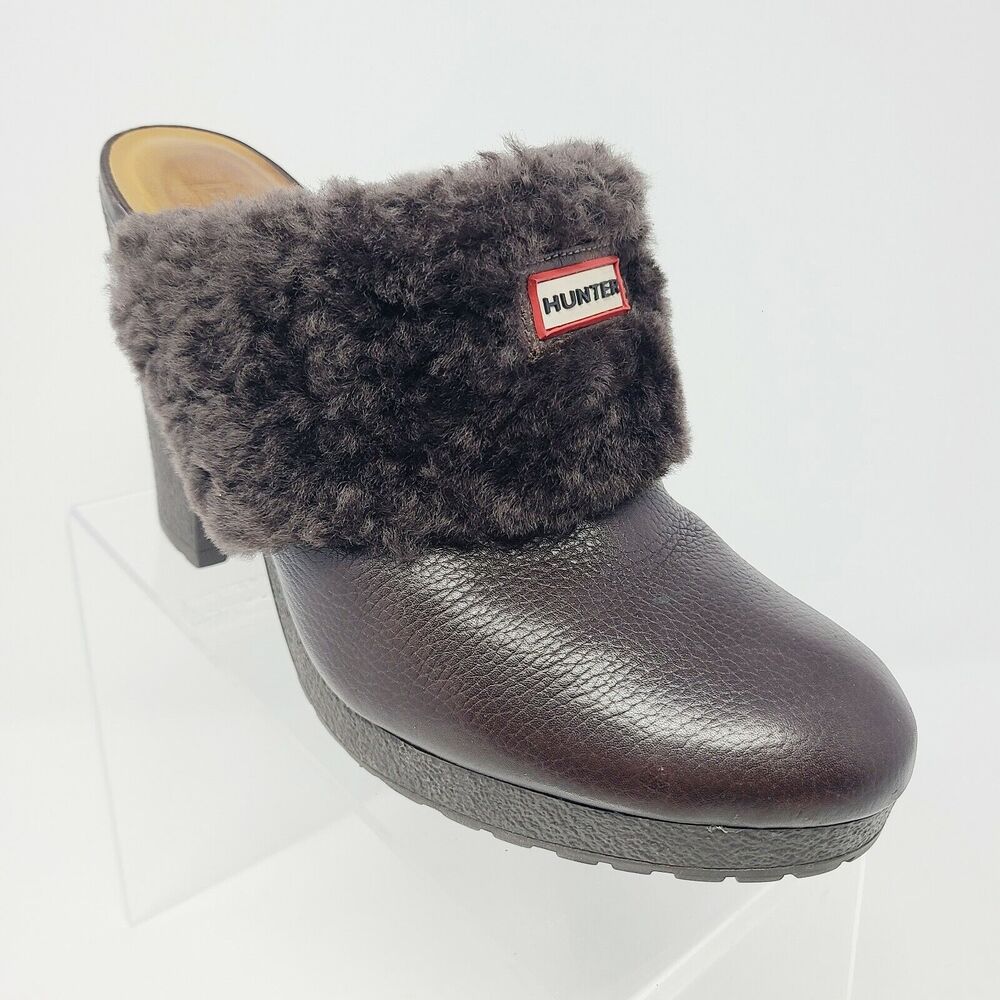 Hunter Bruson Womens 9 M Clog Mule Heel Dark Brown Leather Shearling Lined Warm